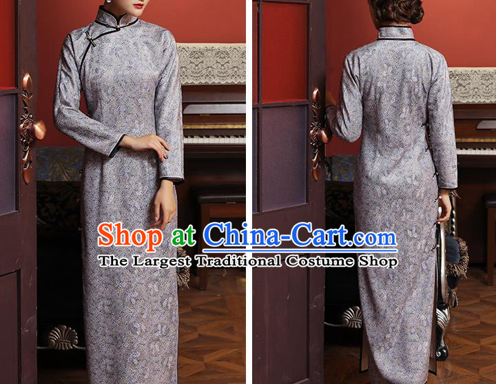 Chinese Classical Lilac Lace Qipao Dress National Tang Suit Costume Traditional Stand Collar Cheongsam