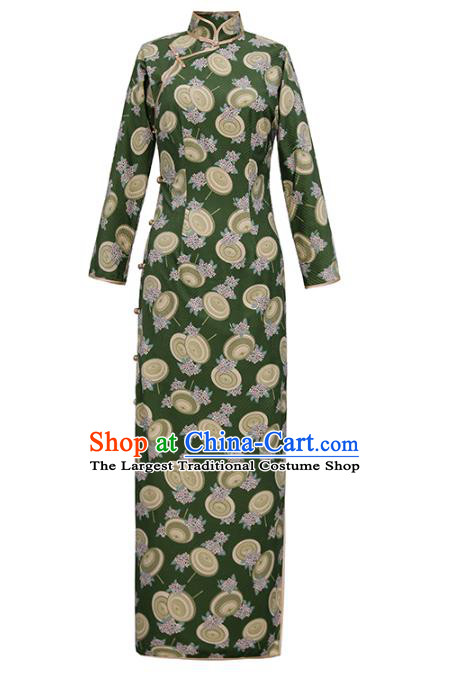 Chinese Classical Green Qipao Dress National Tang Suit Costume Traditional Shanghai Lady Cheongsam