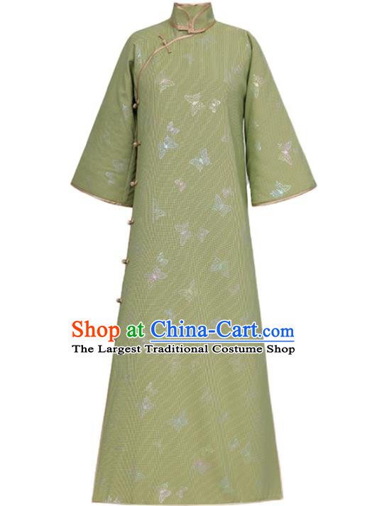 Chinese Classical Butterfly Pattern Qipao Dress National Shanghai Woman Costume Traditional Light Green Cheongsam