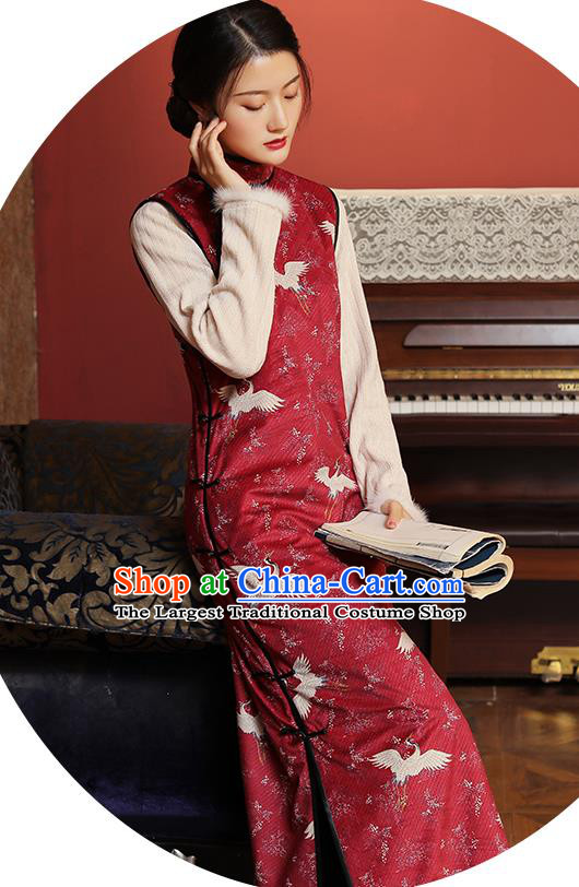 Chinese Classical Cranes Pattern Red Qipao Dress National Rich Lady Costume Traditional Winter Cheongsam