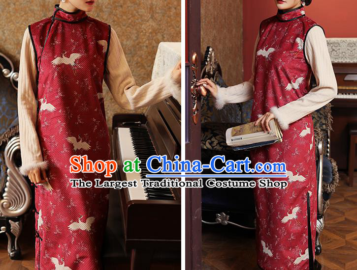 Chinese Classical Cranes Pattern Red Qipao Dress National Rich Lady Costume Traditional Winter Cheongsam