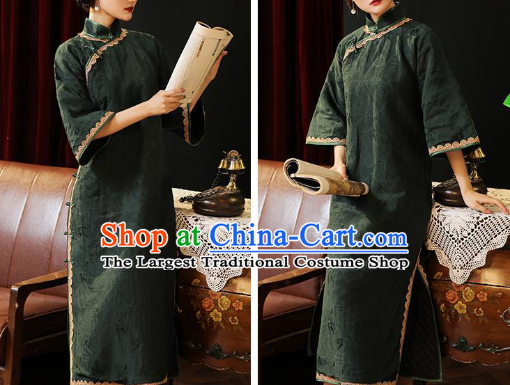 Chinese Traditional Dark Green Cheongsam Classical Wide Sleeve Qipao Dress National Rich Mistress Costume