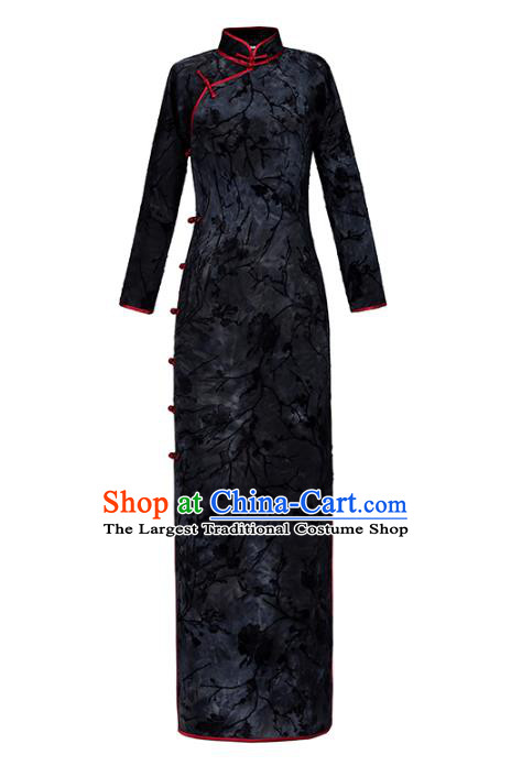 Chinese Classical Tie Dye Qipao Dress National Shanghai Costume Traditional Black Flocking Cheongsam