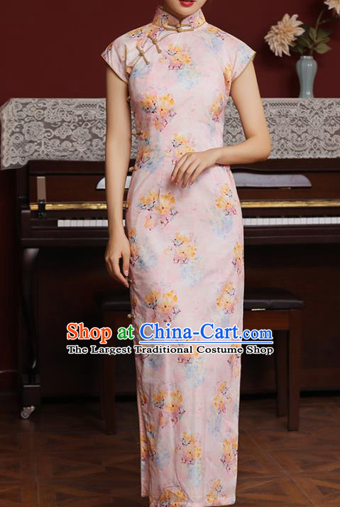 Chinese Traditional Printing Pink Cheongsam Classical Qipao Dress National Shanghai Woman Costume