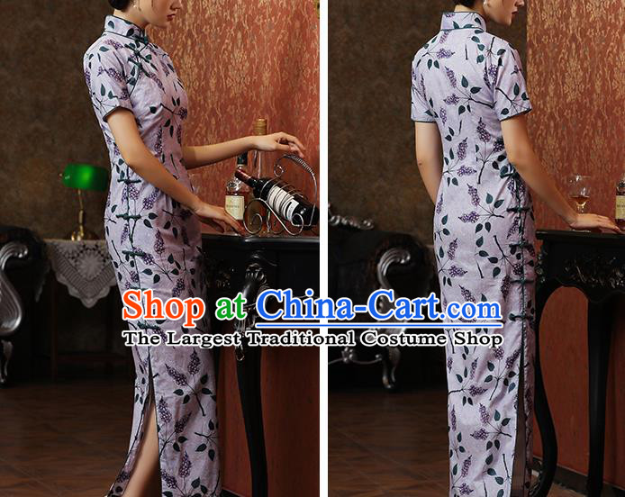 Chinese Traditional Printing Violet Cheongsam Classical Qipao Dress National Shanghai Lady Costume