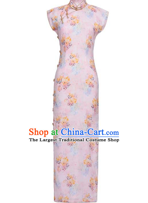 Chinese Traditional Printing Pink Cheongsam Classical Qipao Dress National Shanghai Woman Costume