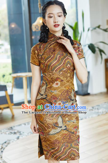 Republic of China Classical Waves Pattern Short Cheongsam Costume Traditional Stage Performance Ginger Silk Qipao Dress