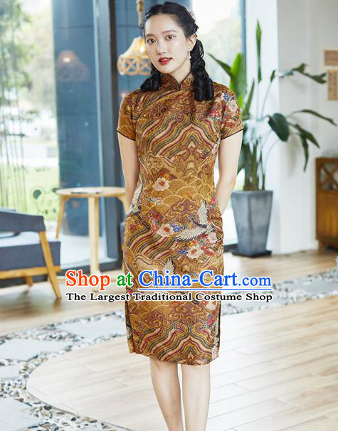 Republic of China Classical Waves Pattern Short Cheongsam Costume Traditional Stage Performance Ginger Silk Qipao Dress