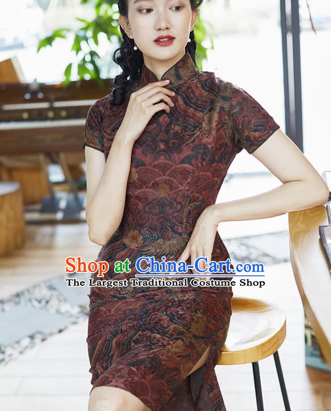 Republic of China Traditional Stage Performance Brown Silk Qipao Dress Classical Waves Pattern Short Cheongsam Costume