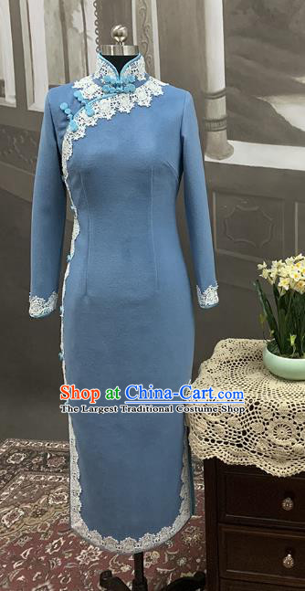 Republic of China Classical Young Lady Winter Cheongsam Costume Traditional Blue Woolen Qipao Dress