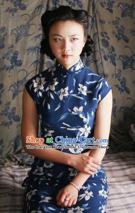 Republic of China Classical Printing Blue Chiffon Cheongsam Costume Traditional Film Lust or Love Tang Wei Qipao Dress
