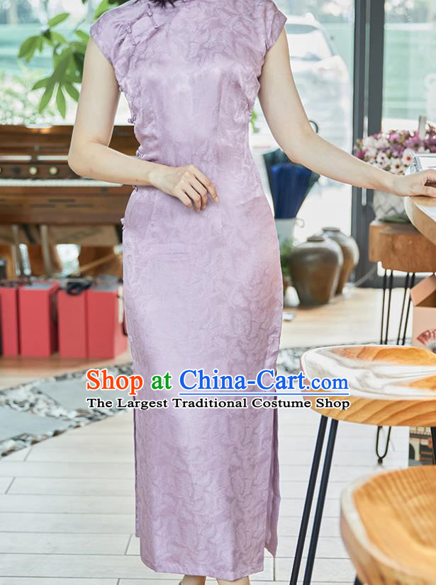Republic of China Classical Lilac Silk Cheongsam Costume Traditional Jacquard Brocade Qipao Dress