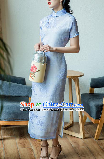 Republic of China Classical Dance Cheongsam Costume Traditional Jacquard Blue Chiffon Qipao Dress