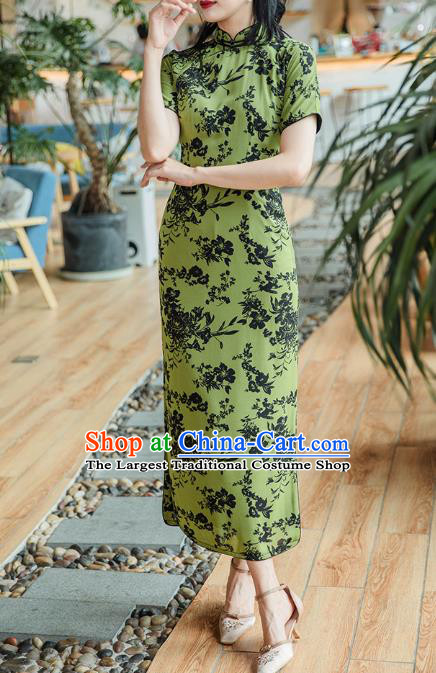Republic of China Shanghai Beauty Classical Cheongsam Costume Traditional Printing Green Chiffon Qipao Dress