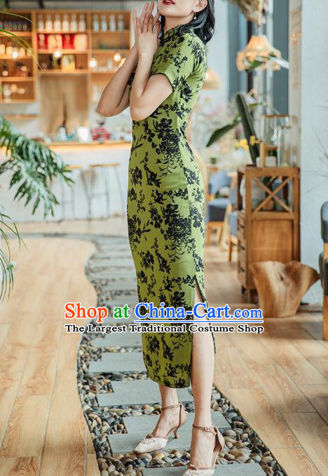 Republic of China Shanghai Beauty Classical Cheongsam Costume Traditional Printing Green Chiffon Qipao Dress