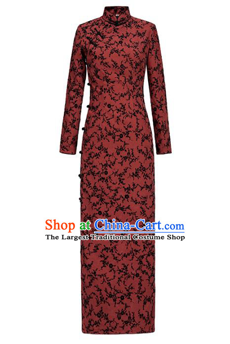 Chinese Traditional Shanghai Woman Cheongsam National Costume Classical Rust Red Corduroy Qipao Dress