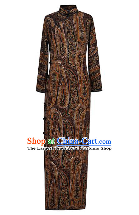 Chinese Classical Printing Brown Qipao Dress Traditional Shanghai Cheongsam National Young Lady Costume