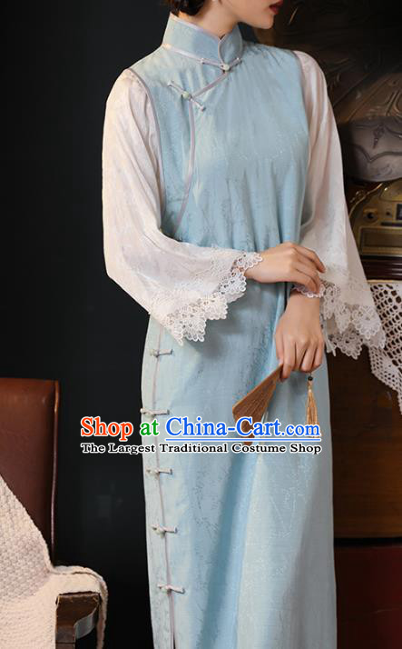 Chinese Traditional Old Shanghai Light Blue Cheongsam National Young Lady Costume Classical Lace Sleeve Qipao Dress