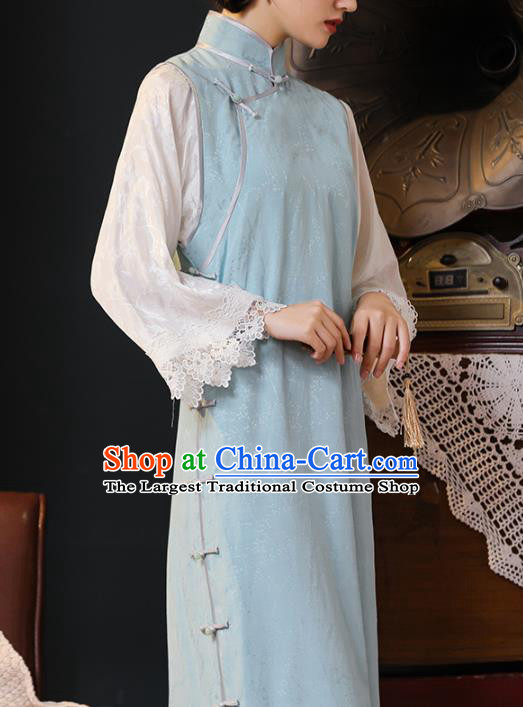 Chinese Traditional Old Shanghai Light Blue Cheongsam National Young Lady Costume Classical Lace Sleeve Qipao Dress