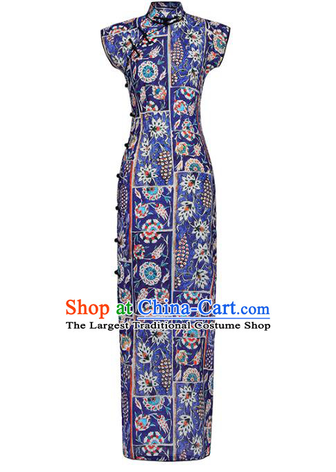 Chinese Classical Printing Qipao Dress National Tang Suit Costume Traditional Deep Blue Cheongsam