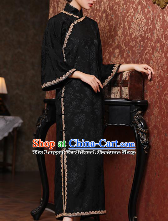 Chinese Classical Mandarin Sleeve Qipao Dress National Shanghai Woman Costume Traditional Black Flax Cheongsam