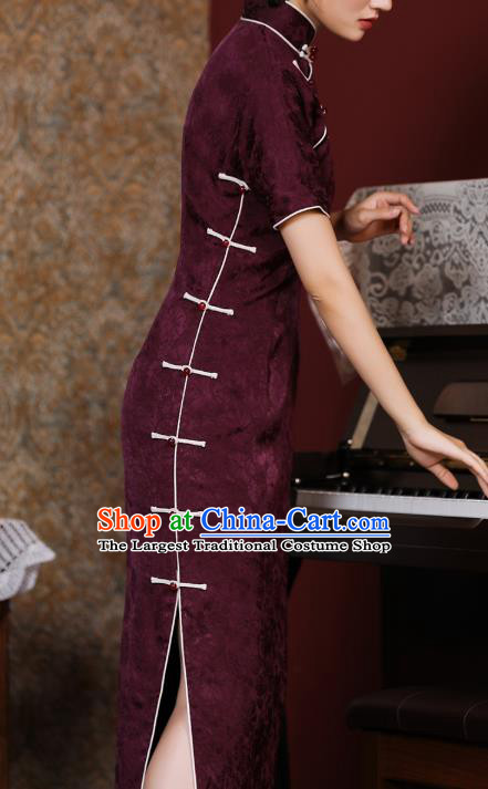 Chinese Traditional Purple Cheongsam National Shanghai Mistress Costume Classical Jacquard Silk Qipao Dress