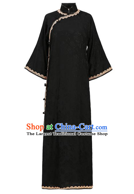 Chinese Classical Mandarin Sleeve Qipao Dress National Shanghai Woman Costume Traditional Black Flax Cheongsam