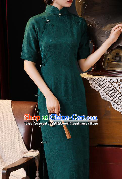 Chinese Classical Deep Green Qipao Dress National Shanghai Lady Costume Traditional Jacquard Silk Cheongsam