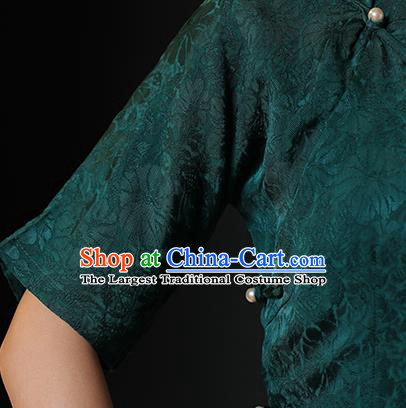 Chinese Classical Deep Green Qipao Dress National Shanghai Lady Costume Traditional Jacquard Silk Cheongsam