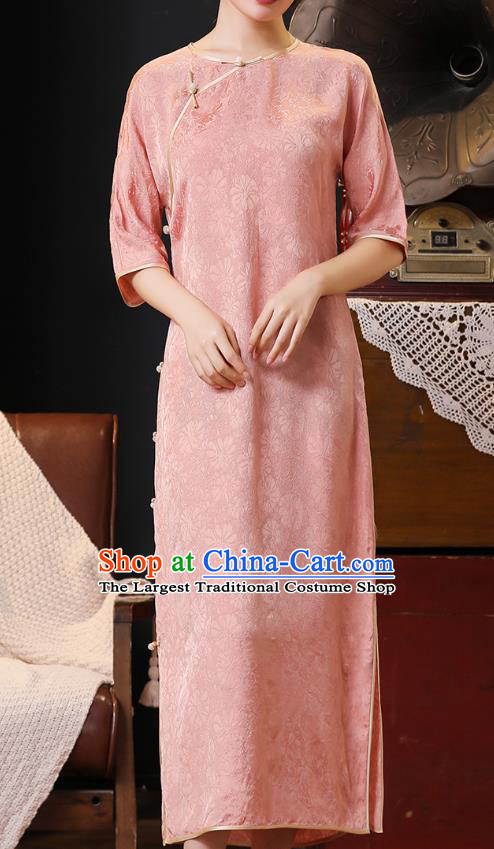 Chinese Traditional Pink Silk Cheongsam National Young Woman Costume Classical Loose Qipao Dress