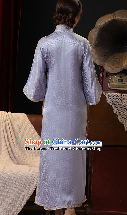 Chinese Classical Pear Blossom Pattern Qipao Dress Traditional Blue Silk Cheongsam National Young Lady Costume