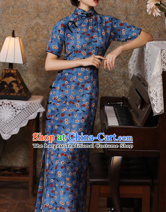 Chinese Classical Printing Blue Qipao Dress Traditional Dance Cheongsam National Shanghai Lady Costume
