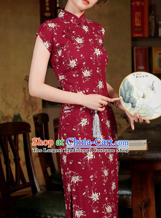 Chinese Classical Printing Wine Red Qipao Dress National Shanghai Woman Costume Traditional Cheongsam
