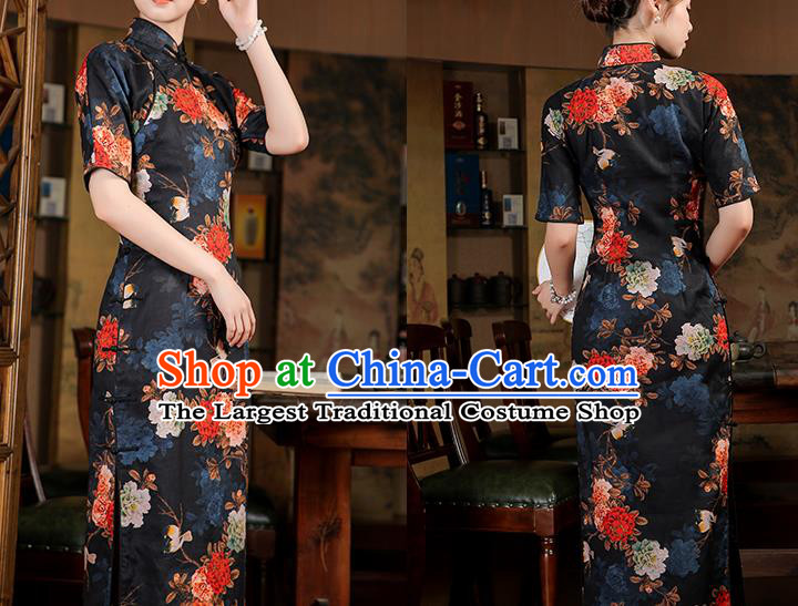 Chinese Traditional Printing Peony Black Ramie Cheongsam Classical Qipao Dress National Shanghai Woman Costume