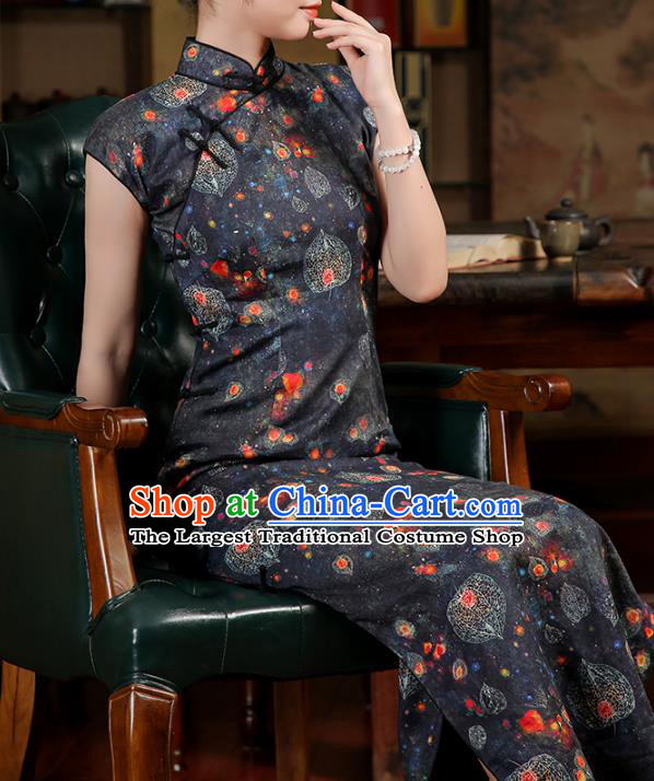 Chinese Classical Qipao Dress National Shanghai Beauty Costume Traditional Printing Black Ramie Cheongsam