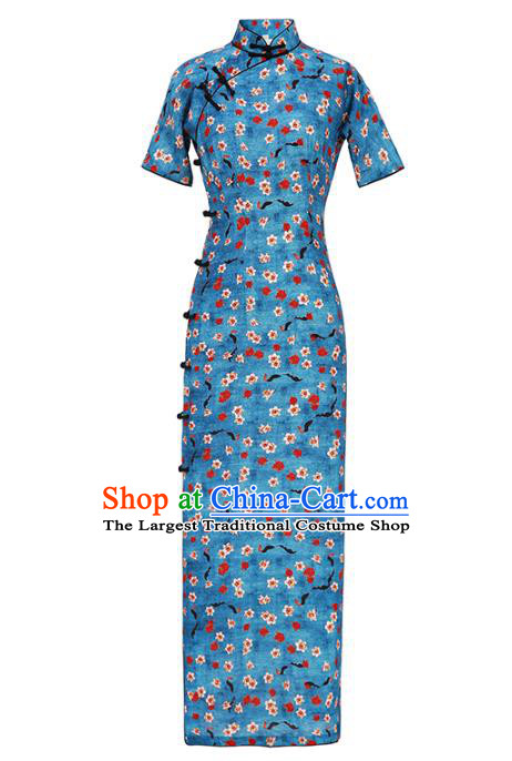 Chinese Classical Printing Blue Qipao Dress Traditional Dance Cheongsam National Shanghai Lady Costume
