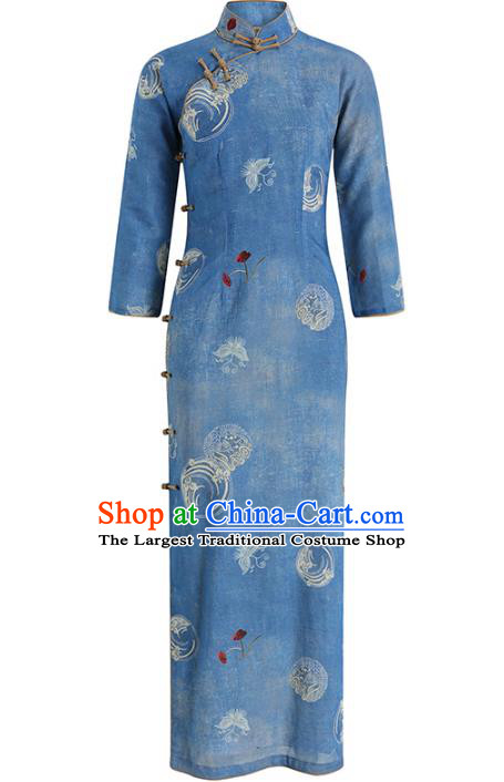 Chinese Traditional Printing Butterfly Orchids Cheongsam Clothing Classical Young Lady Blue Ramie Qipao Dress