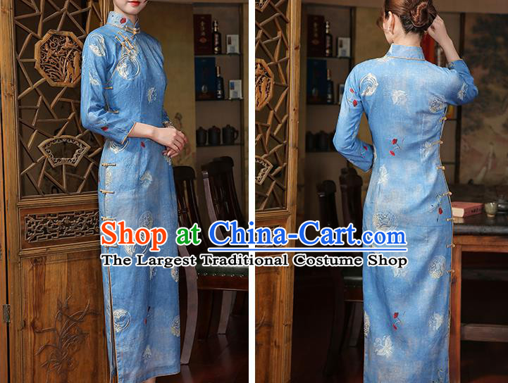 Chinese Traditional Printing Butterfly Orchids Cheongsam Clothing Classical Young Lady Blue Ramie Qipao Dress