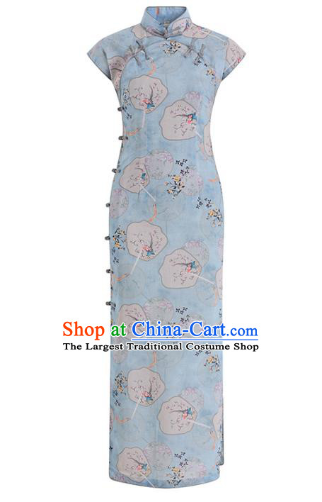 Chinese Classical Light Blue Ramie Qipao Dress Traditional Printing Palace Fans Cheongsam Clothing