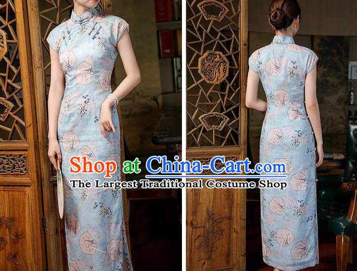 Chinese Classical Light Blue Ramie Qipao Dress Traditional Printing Palace Fans Cheongsam Clothing