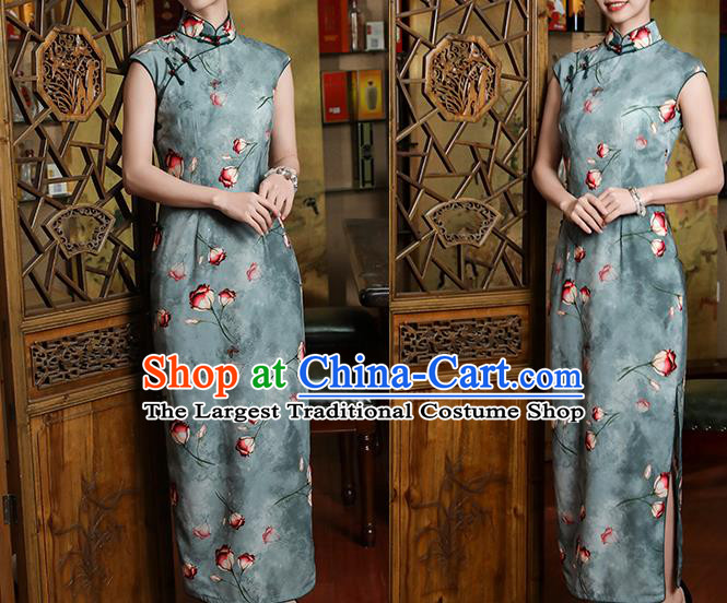 Chinese Classical Printing Tulip Qipao Dress Traditional Shanghai Green Chiffon Cheongsam Clothing