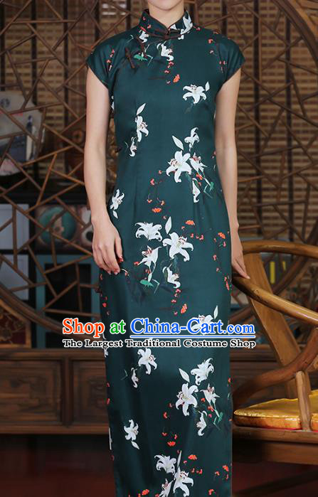 Chinese Traditional Old Shanghai Cheongsam Clothing Classical Printing Lily Flowers Atrovirens Qipao Dress