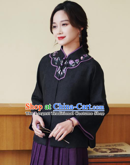 China National Embroidered Upper Outer Garment Traditional Tang Suit Black Silk Jacket