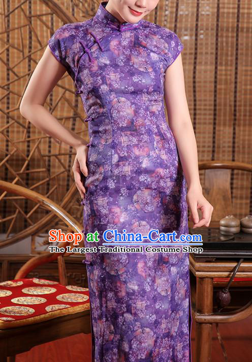 Chinese Classical Purple Flax Qipao Dress Traditional Shanghai Young Woman Cheongsam Clothing