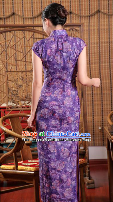 Chinese Classical Purple Flax Qipao Dress Traditional Shanghai Young Woman Cheongsam Clothing