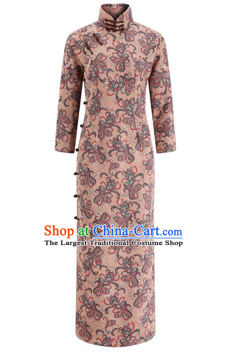 Chinese Classical Apricot Suede Qipao Dress Traditional Clothing Modern Dance Cheongsam