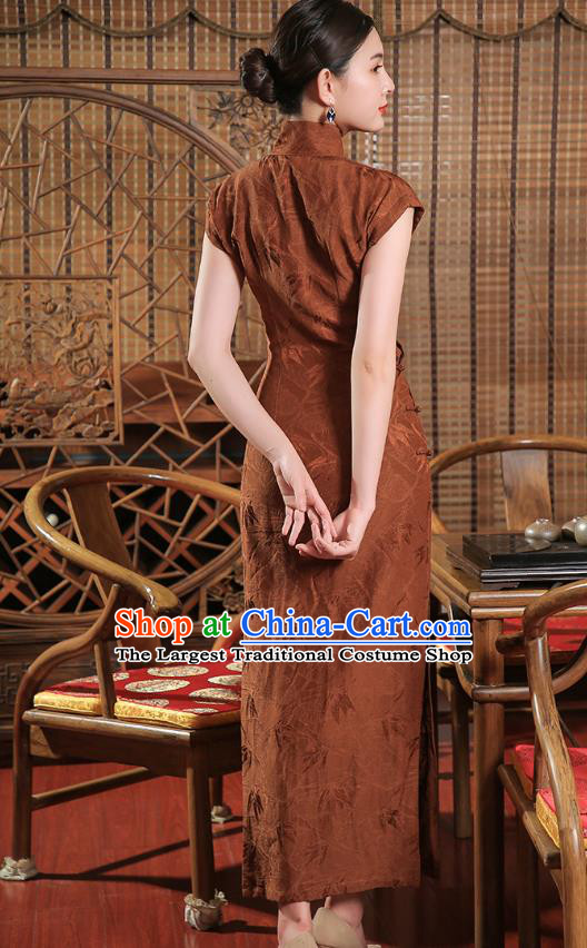 Chinese Classical Brown Tencel Cheongsam Traditional Shanghai Young Beauty Qipao Dress Clothing