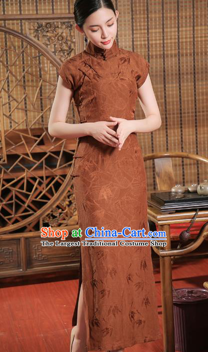 Chinese Classical Brown Tencel Cheongsam Traditional Shanghai Young Beauty Qipao Dress Clothing