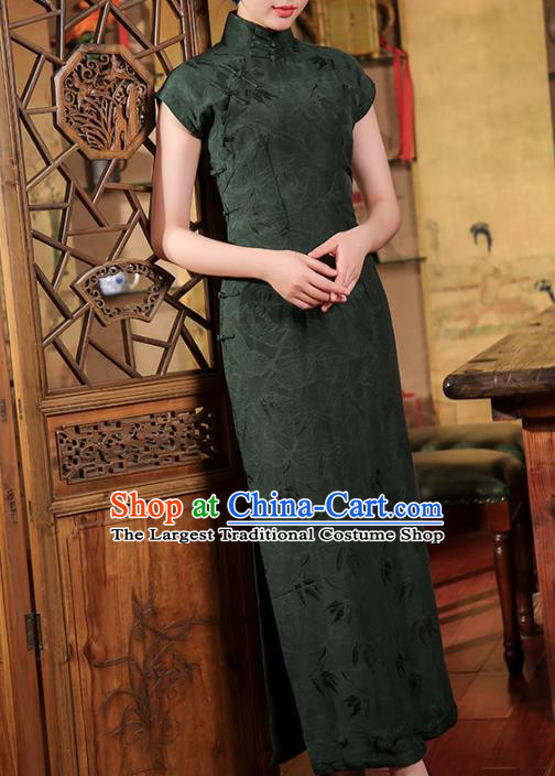 Chinese Traditional Atrovirens Qipao Dress Clothing Classical Stage Show Catwalks Cheongsam