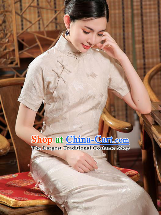 Chinese Catwalks Clothing Classical Stage Show Cheongsam Traditional Beige Qipao Dress